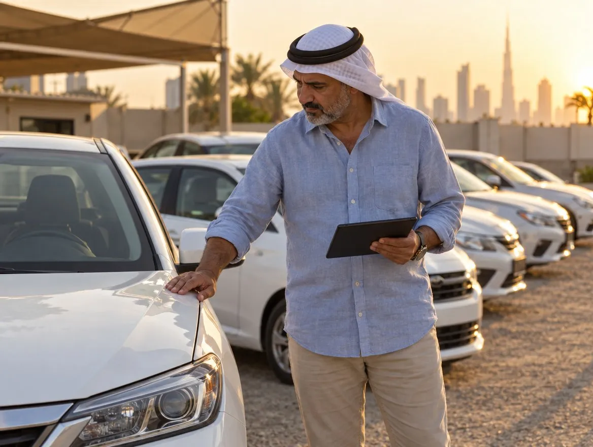مشهد توضيحي لمدير تأجير سيارات يتفقد الأسطول في الإمارات