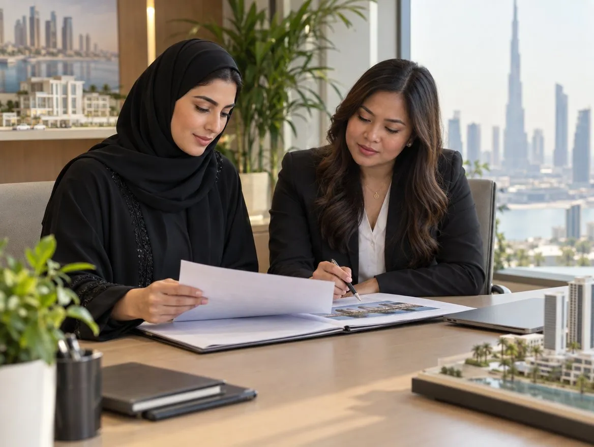 مشهد توضيحي لوسيطتين تراجعان مستندات في مكتب عقاري بالإمارات